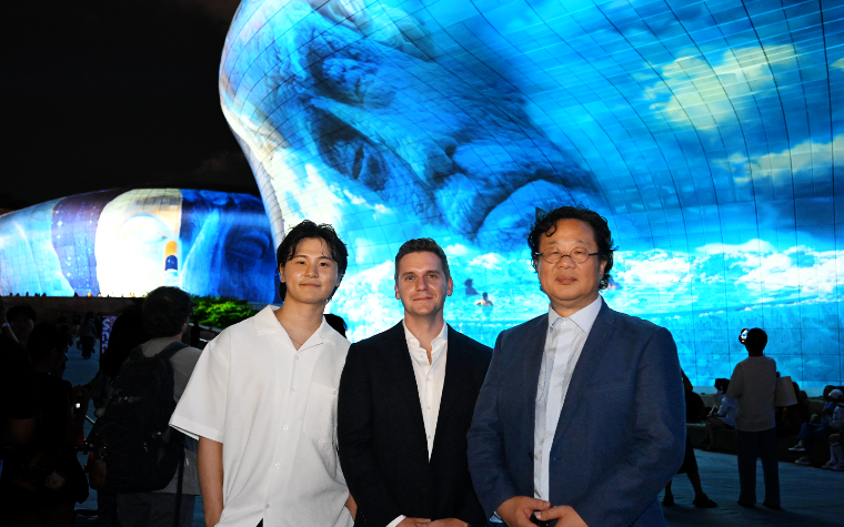 DDP Seoul Light, standing with collaborators in front of the media art installation